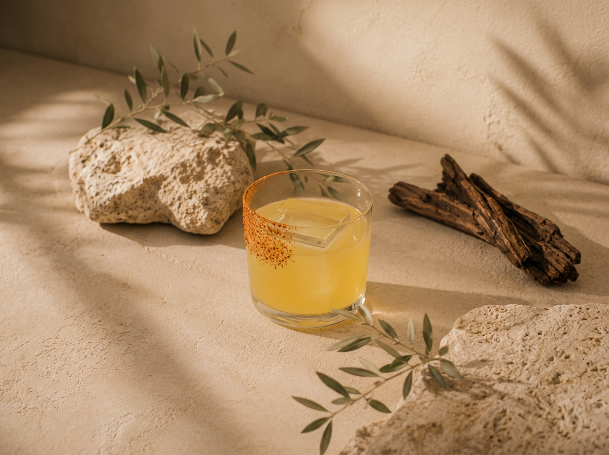 tequila cocktail with mustard honey, tewuila, lime, mango