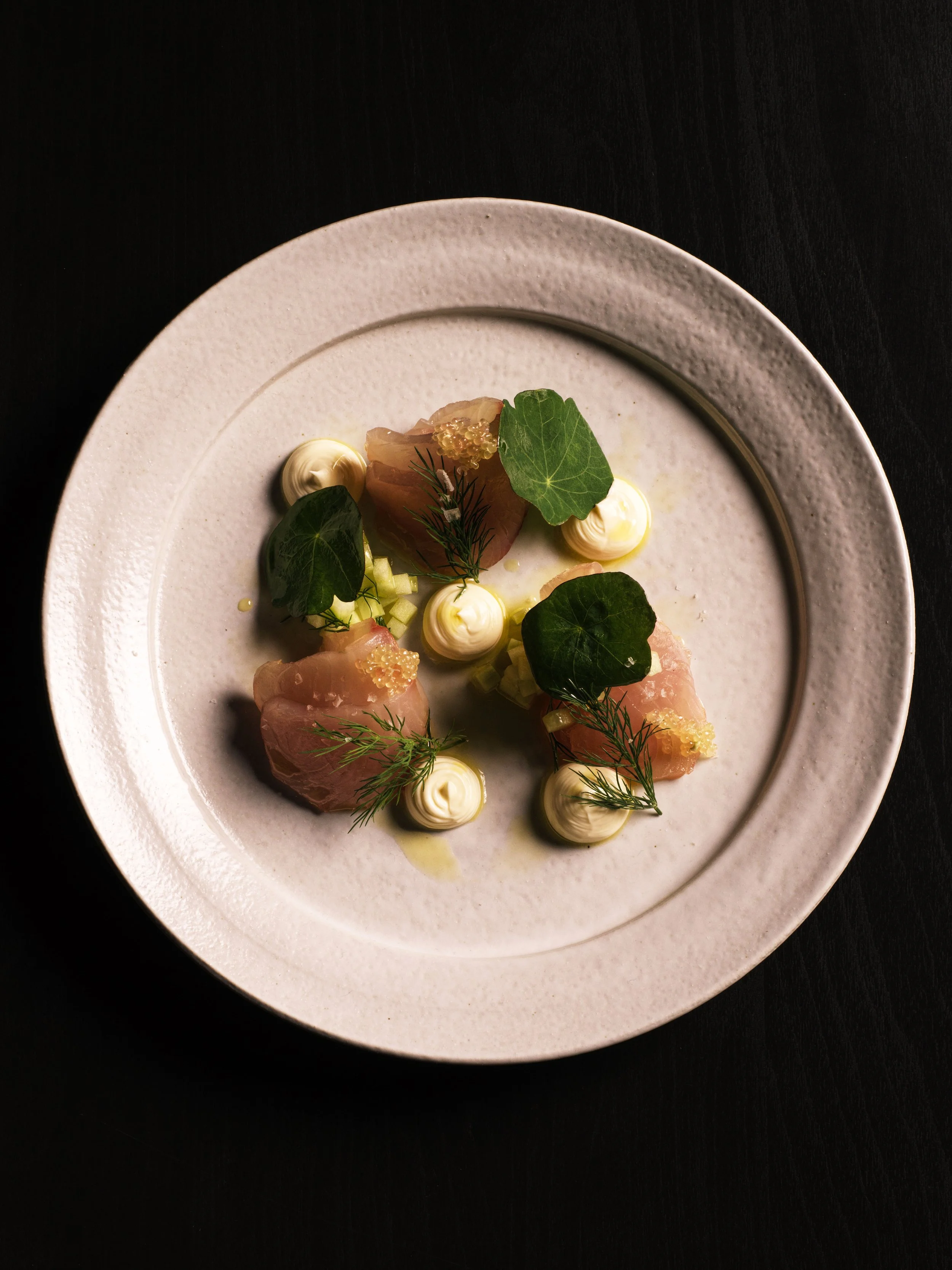 Dish of with cured salmon, dill, creme fraiche and dressing