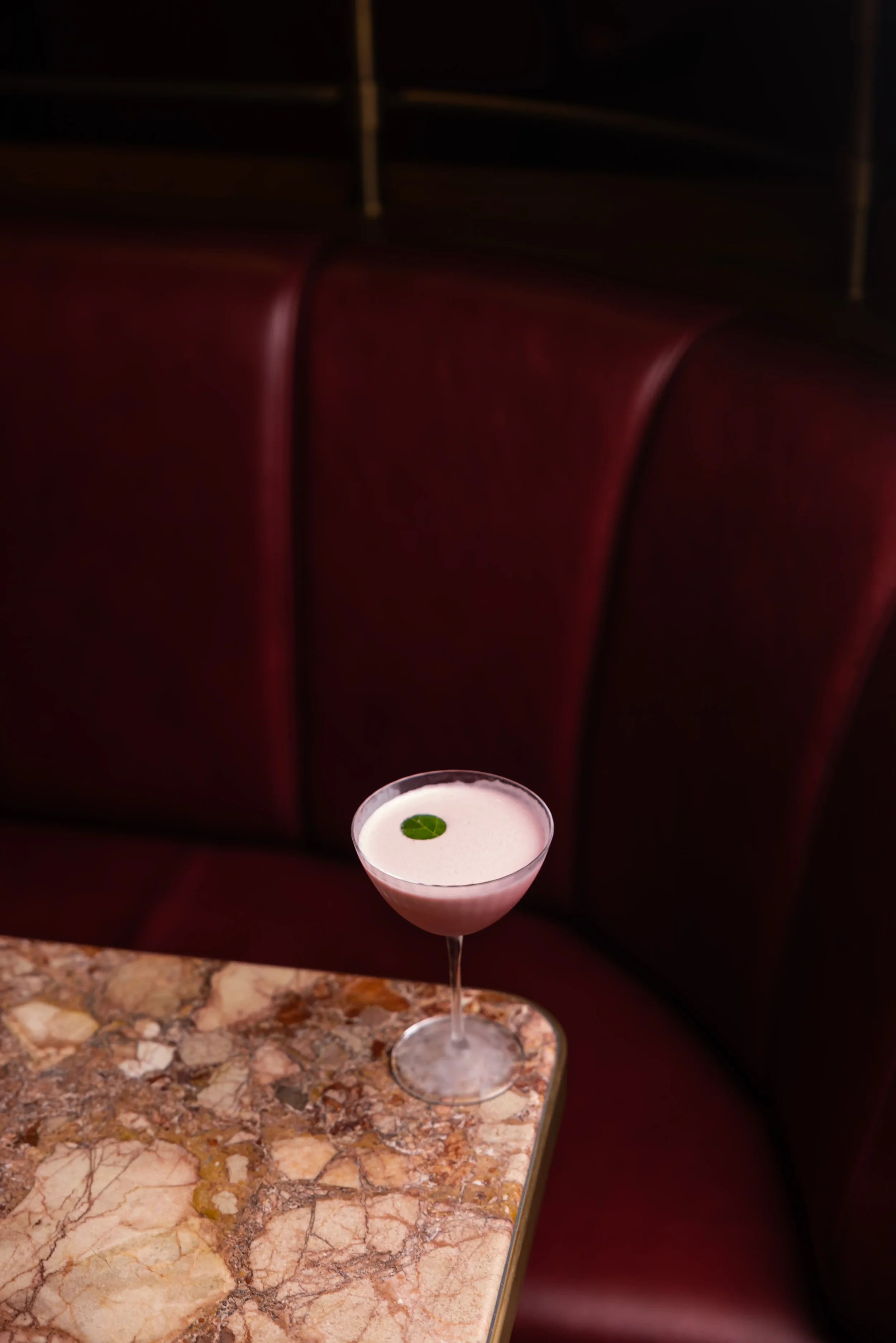 Foret Noir cocktail with vodka, balsamic, plum, raspberry, fig leaf