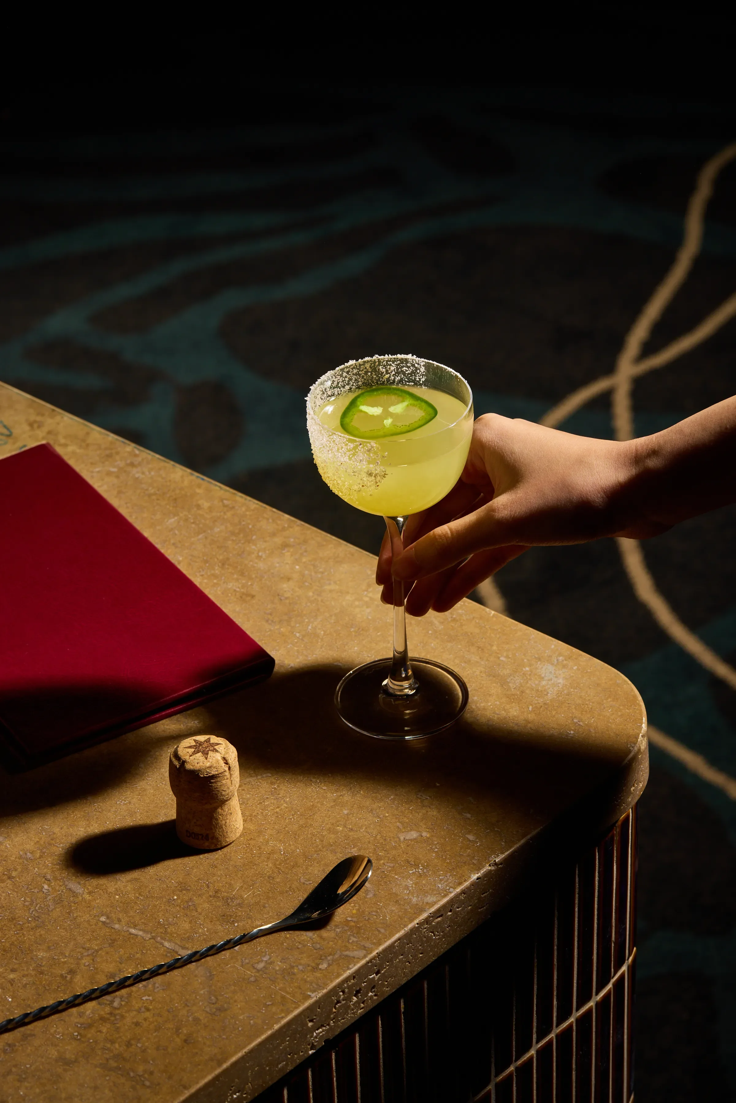 Chipotle, tequila, yuzu, jalapeno cocktail at Lotus bar created by Mindset Spirits