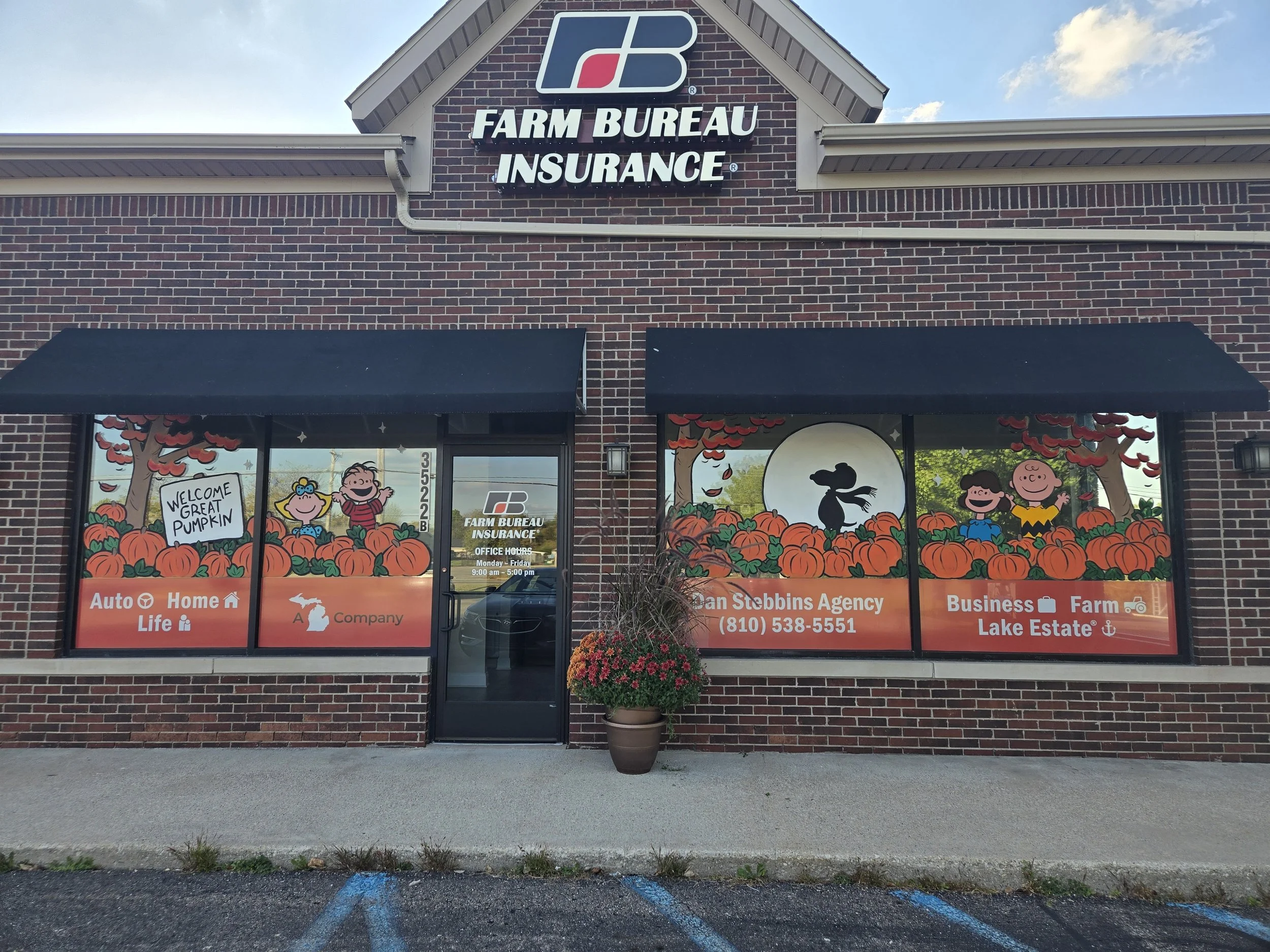 Charlie Brown window art at Metamora Farm Bureau.
