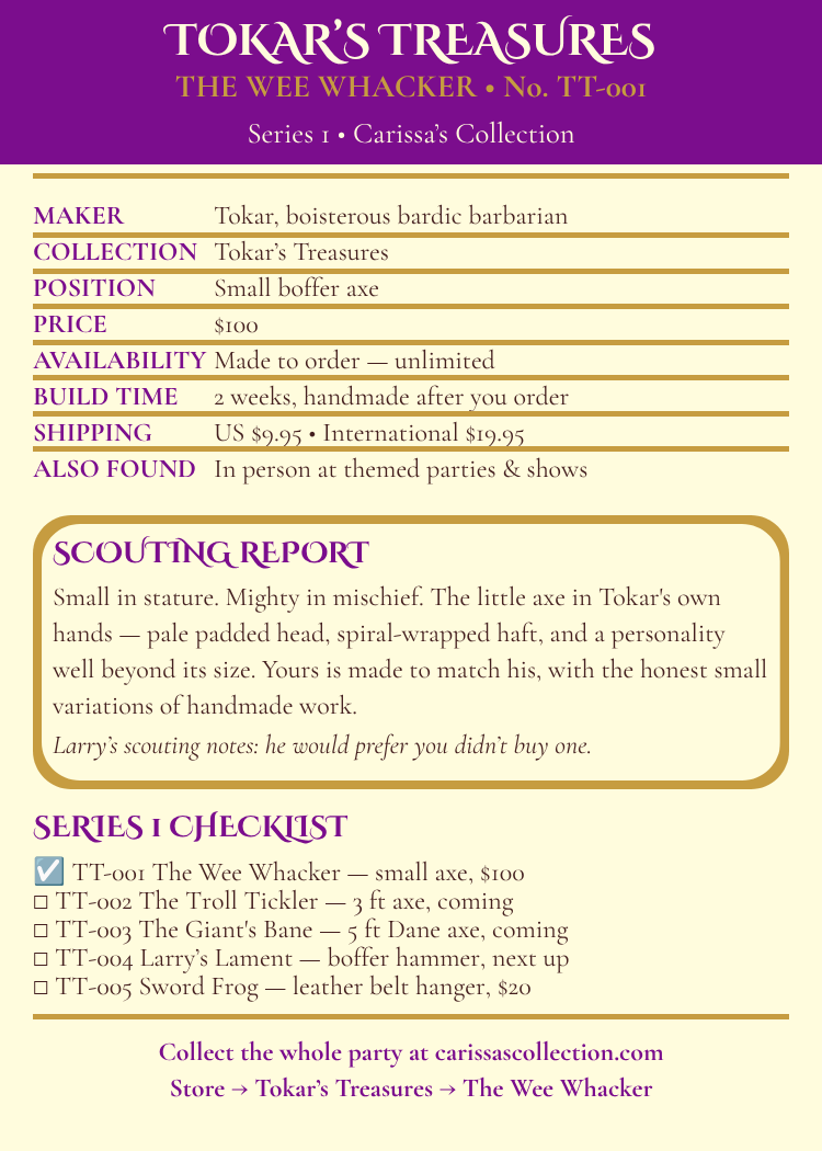 The Wee Whacker trading card, back — stats, Scouting Report, and Series 1 checklist, card TT-001