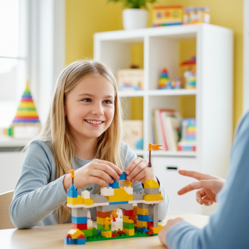 A woman sitting on a wooden chair with a clipboard, and a young girl sitting on a beige couch playing with colorful blocks, in a cozy living room with a shelf potted plant, a wall art, and toys on a small table.