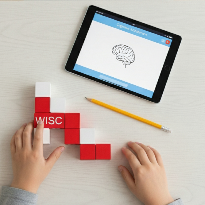 A cartoon boy sitting at a desk, writing on a piece of paper with a pencil. He is smiling and has a thought bubble above his head containing a puzzle piece.