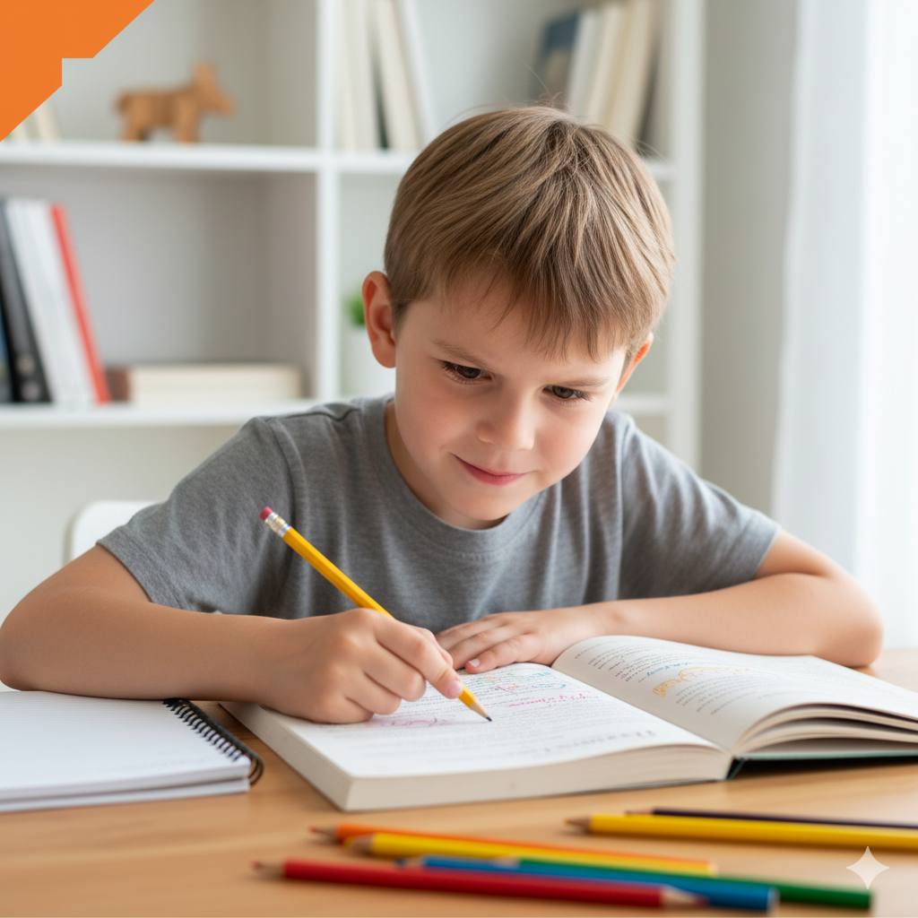 A young girl with dark skin and braided hair, wearing an orange shirt, sitting at a desk, writing on a sheet of paper, with a thought bubble above her head containing 'ABC'.