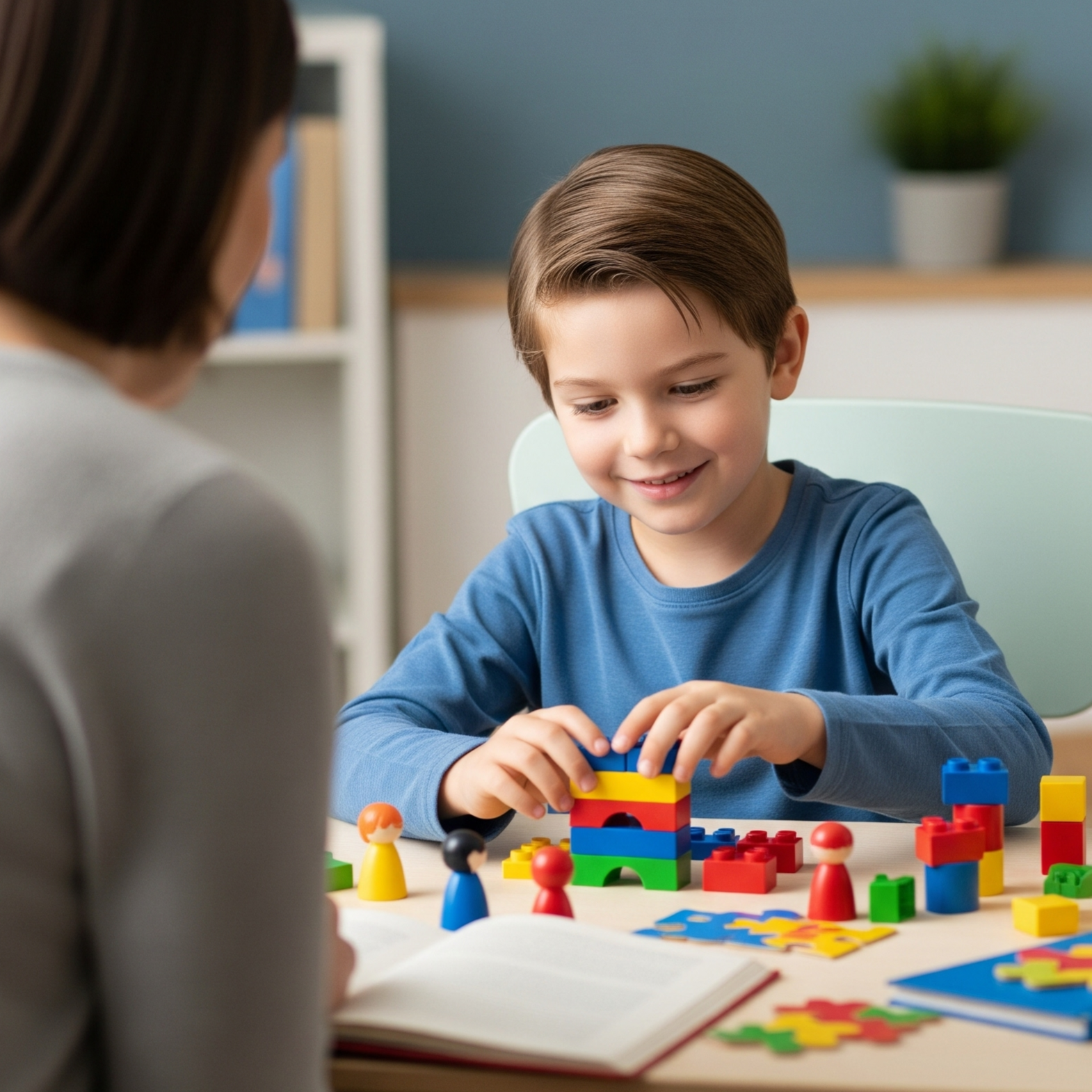A woman and a young boy playing with building blocks and a toy dinosaur on a floor with a dog-shaped balloon in a blue sky background.
