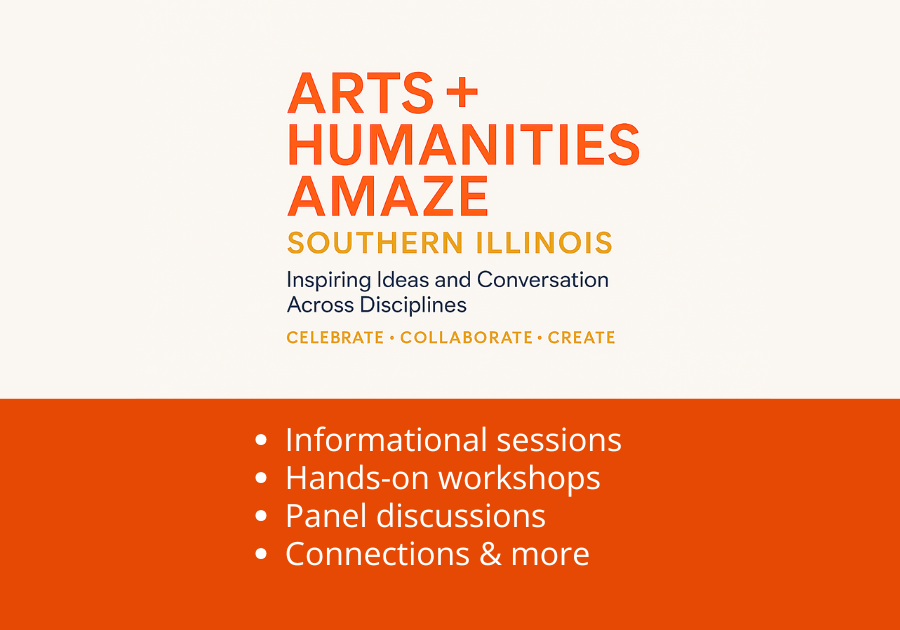 Black background with white text that says 'New Name—Same Mission' and 'ARTSPACE Southern Illinois' with a logo. Colorful wavy line graphic at the bottom in shades of red, orange, yellow, and purple.