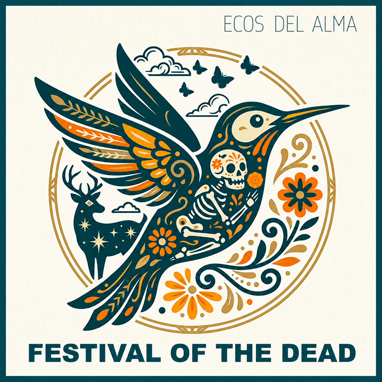 Festival of the Dead hummingbird graphic in teal, cream, and gold