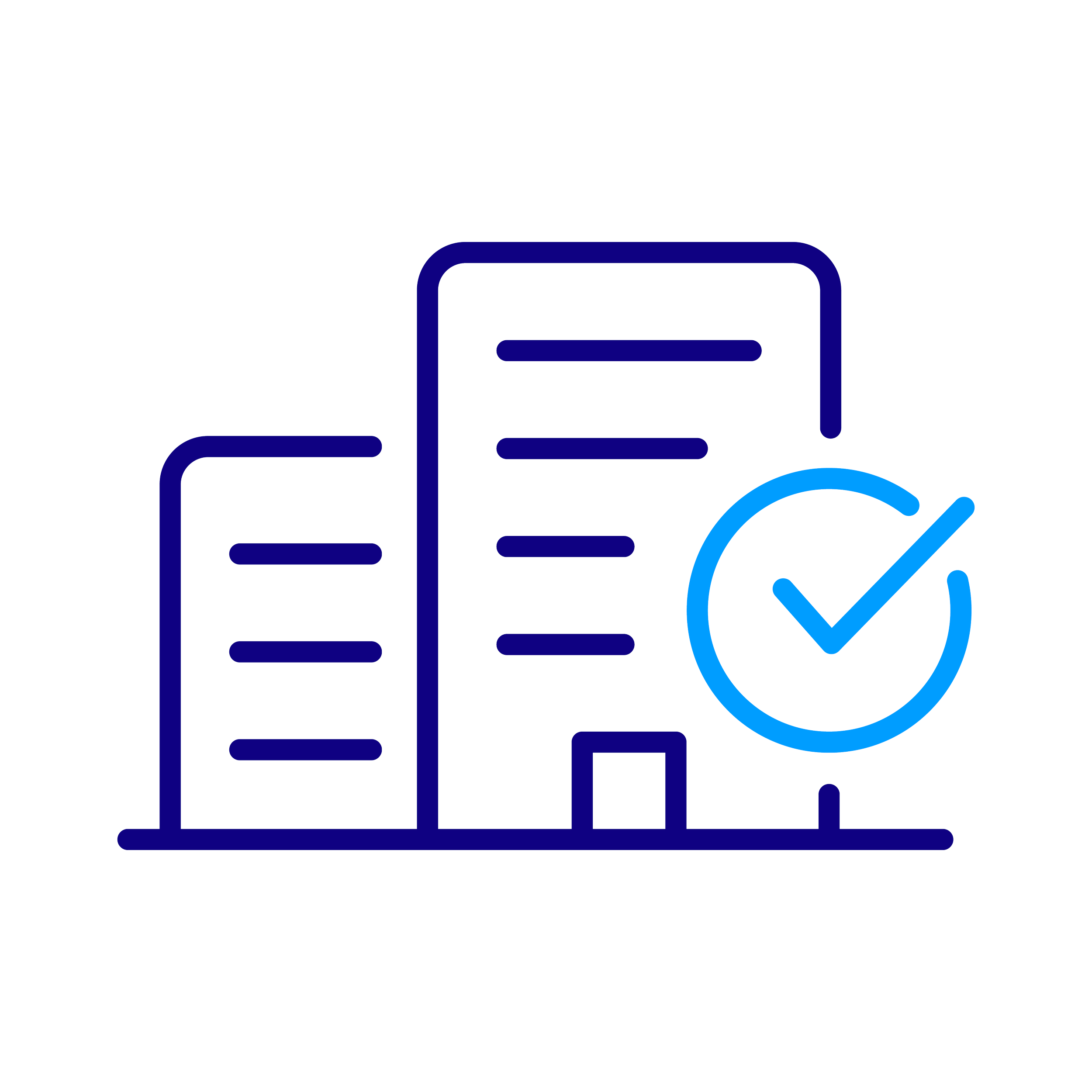 Outline icon of multiple buildings with a checkmark inside a circle, representing verified or approved buildings or locations.