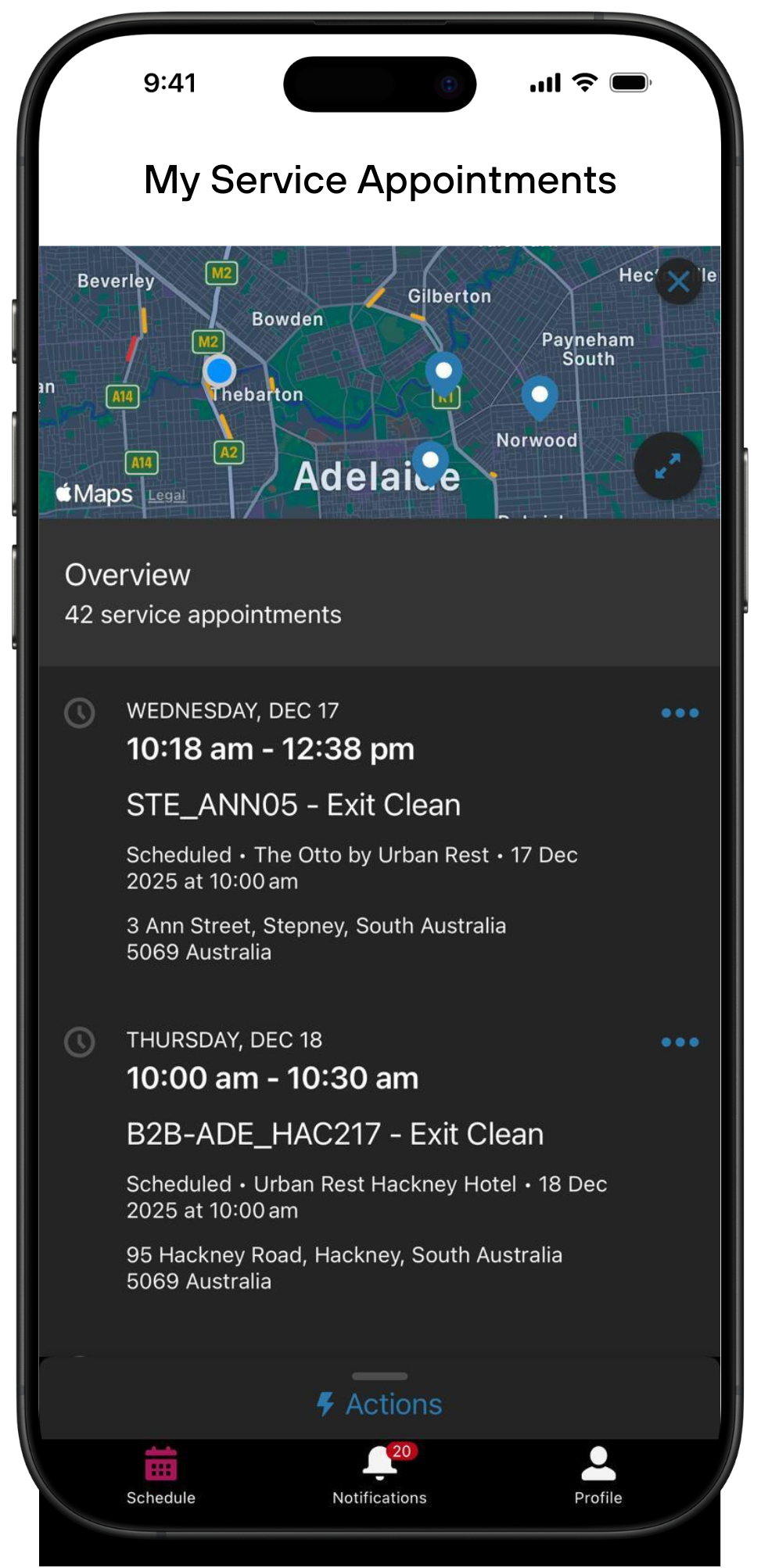 Smartphone screen displaying a service appointment scheduling app with a map of Adelaide, Australia, and details of scheduled service appointments on December 17 and 18.