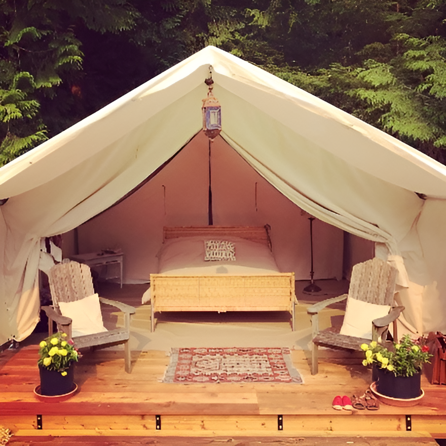 Interior of a glamping tent with a bed, two chairs, small side table, a hanging lantern, potted plants, a rug, and outdoor shoes, set against a background of green trees.