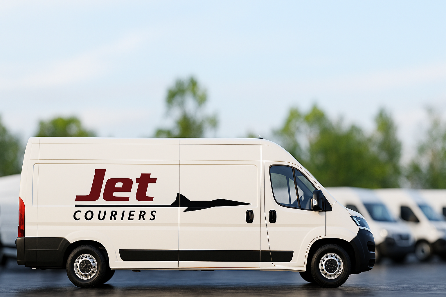 Jet Couriers branded white delivery van and fleet