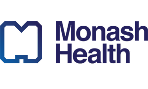 Monash Health logo with a stylized open book icon in blue and purple