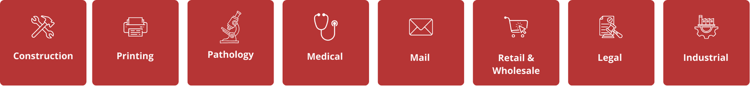 Industries supported by Jet Couriers including construction, printing, pathology, medical, mail, retail, legal and industrial businesses