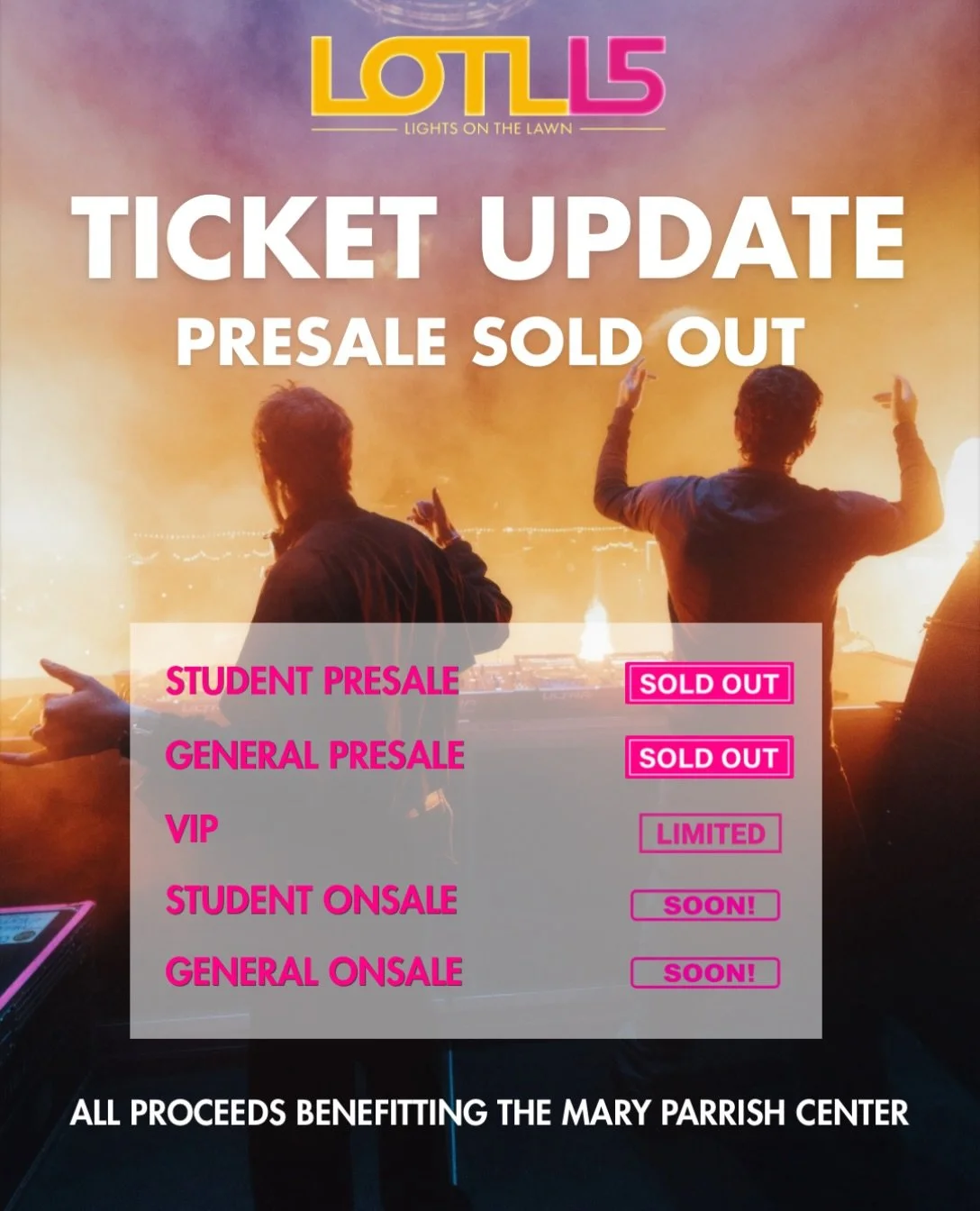PRESALE SOLD OUT 🗣️ 

25% of total tickets have already gone in a matter of only 5 days! general onsale begins THIS wednesday 8/19

🎟️🔜 tickets will be in the link in our bio! 

#LightsOnTheLawn #MusicThatMatters #TheMaryParrishCenter #AnchorDown 