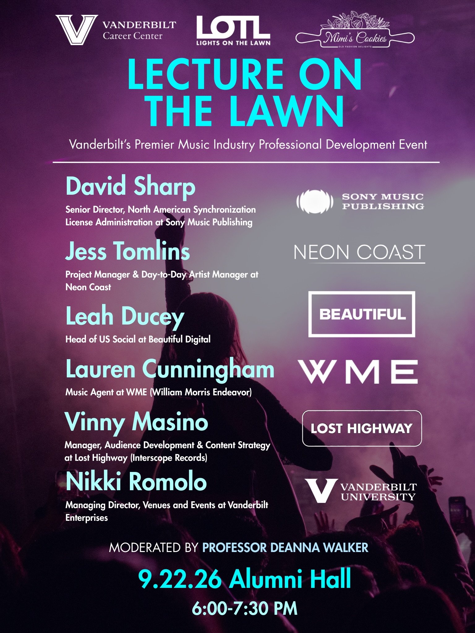 interested in the music industry? our annual Lecture on the Lawn panel is stacked with 6 exceptional industry professionals from all corners of expertise. the talk will be followed by a networking reception where you will have the chance to chat with