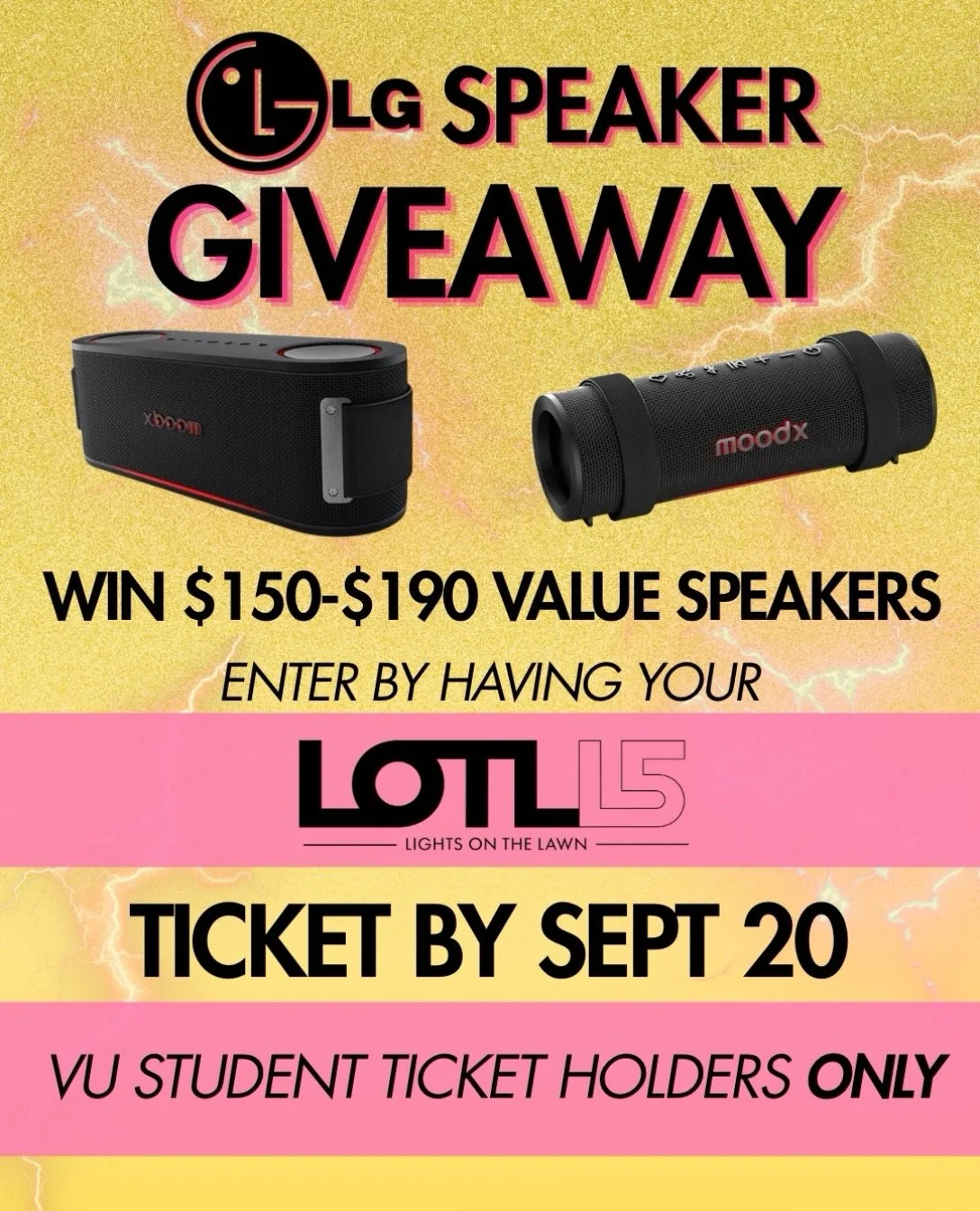 GIVEAWAY TIME. we partnered with @lgusa to giveaway 20 SPEAKERS to you music fans. if you don&rsquo;t have your ticket already what are you waiting for🥱

ALL student ticket holders are eligible for the giveaway if ticket is purchased by sunday EOD. 