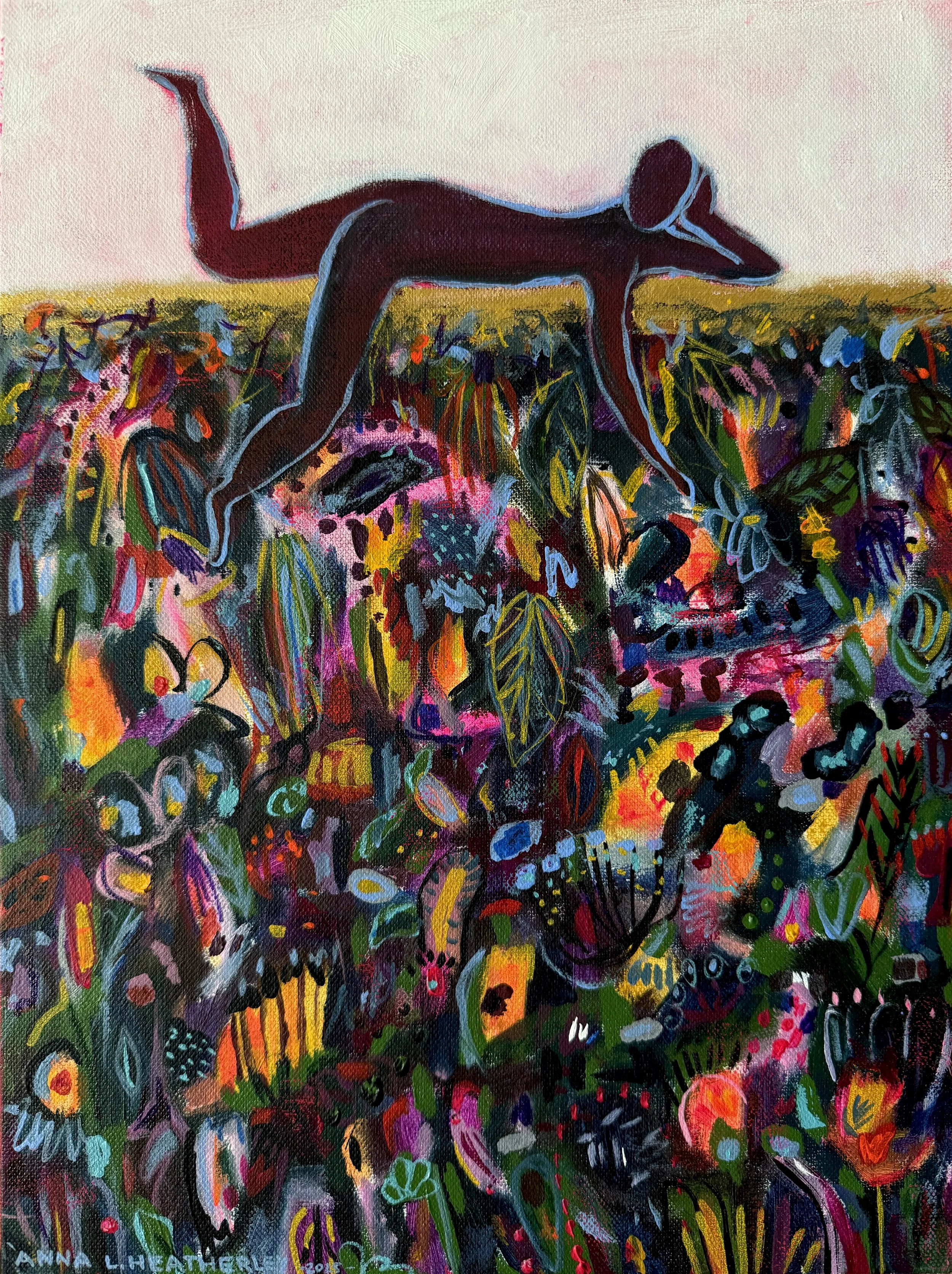 Colorful abstract painting with a dark dog figure walking over a vibrant, busy landscape of various plants, leaves, and flowers.