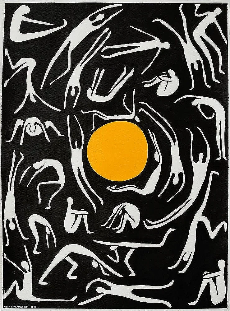 Abstract artwork featuring white human-like figures swirling around a bright yellow circle against a black background.