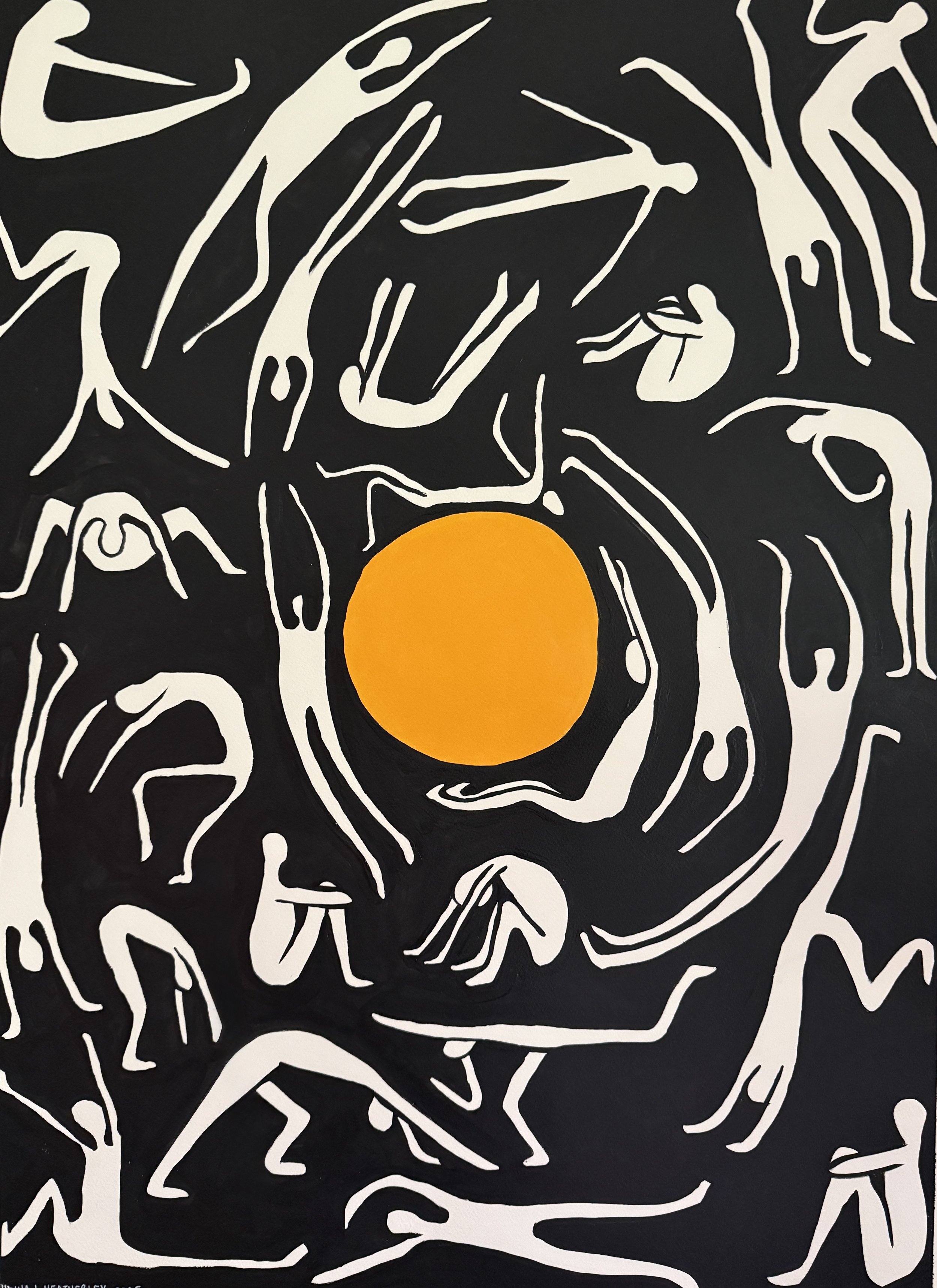 Abstract black and white artwork with a central orange circle, featuring various stylized, contorted human-like figures surrounding the circle.