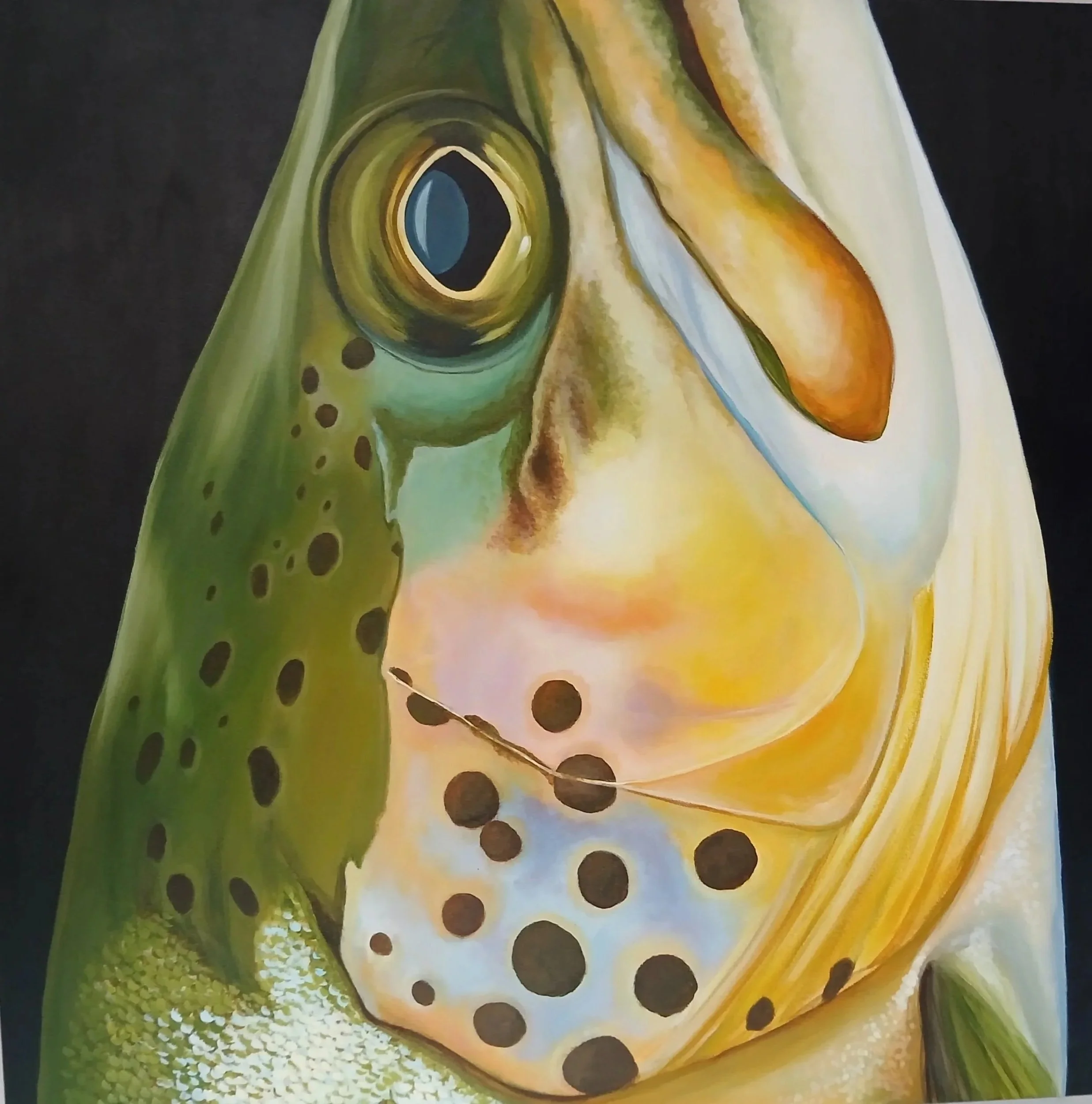 Close-up of a colorful, artistic painting of a frog's face with large eyes, green skin, black spots, and a splash of yellow and orange hues.