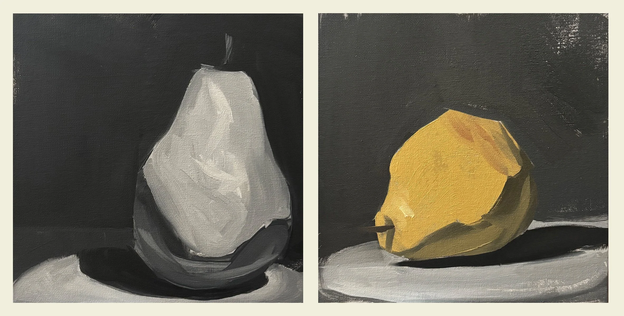 Two oil studies of a pear on a plate, one painted in black and white and one in yellow