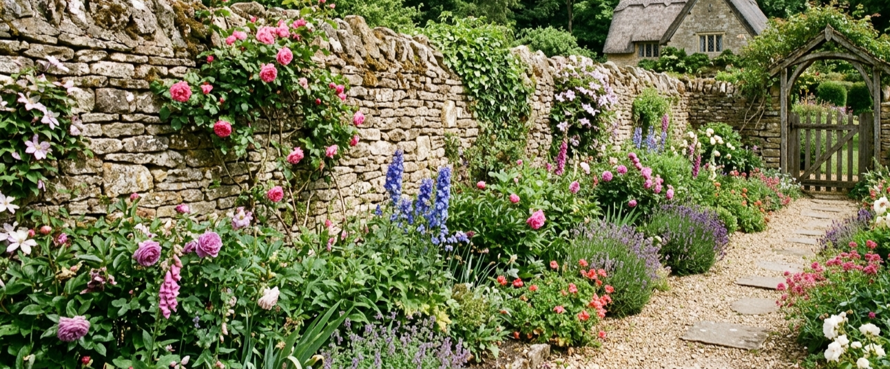 A vibrant garden pathway lined with colorful flowers and greenery, with a stone wall and a wooden gate in the background.