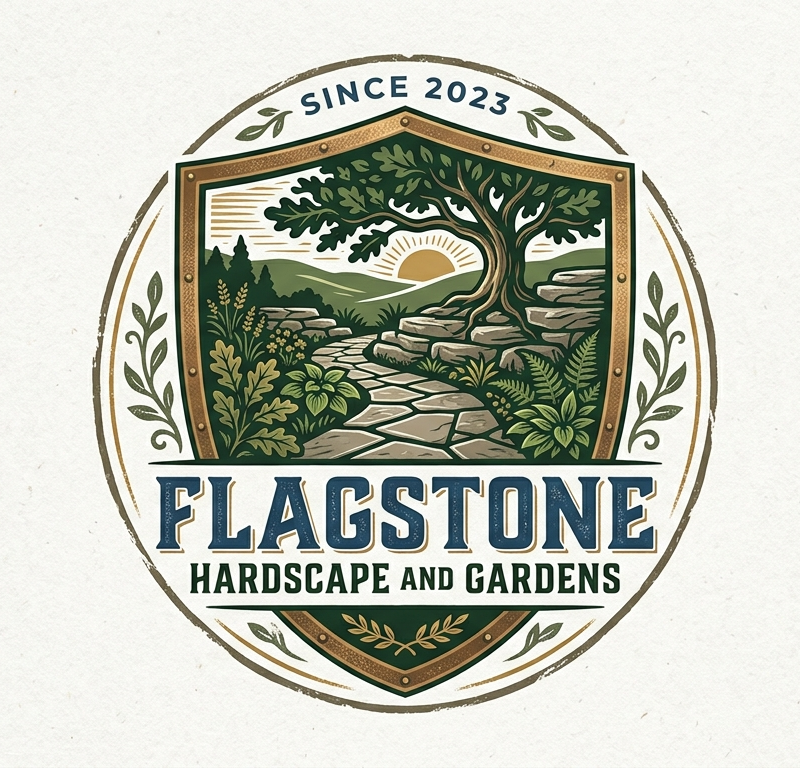 Logo for Flagstone Hardscape and Gardens featuring a shield with a tree, pathway, and sunset scene, with text 'Since 2023' and the company name.