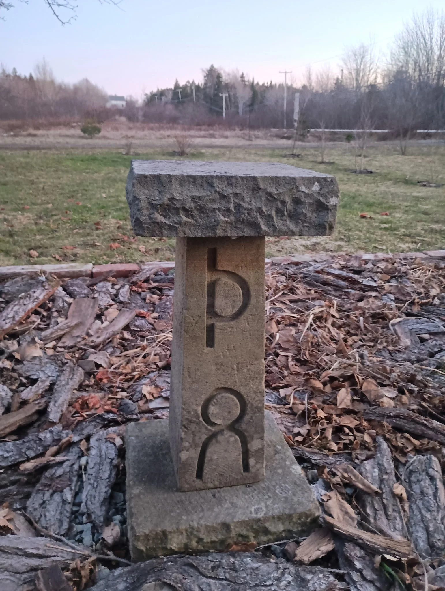 A stone sculpture featuring the Runes carved into lower stone, placed outdoors on a rock with fallen leaves, with a grassy field, trees, and power lines in the background.