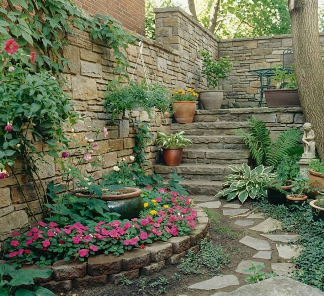 A cozy garden with stone steps, potted plants, flowers, and decorative statues, enclosed by a stone wall and surrounded by trees.