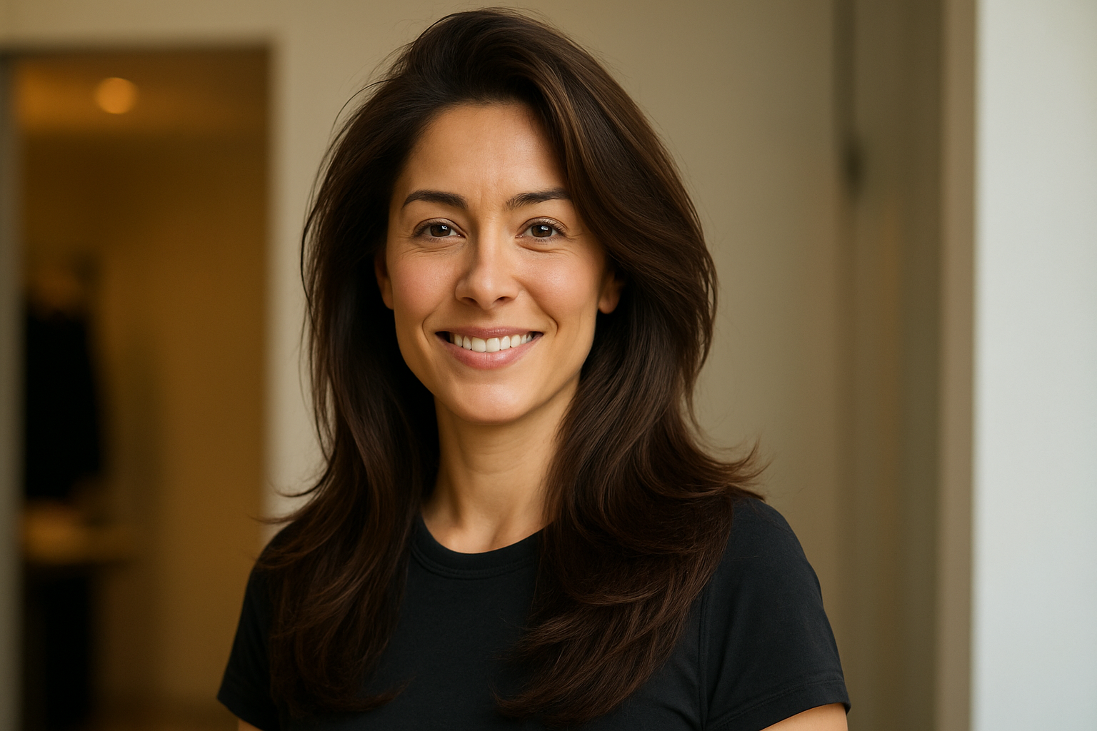 A woman with long brown hair smiling in an indoor setting.