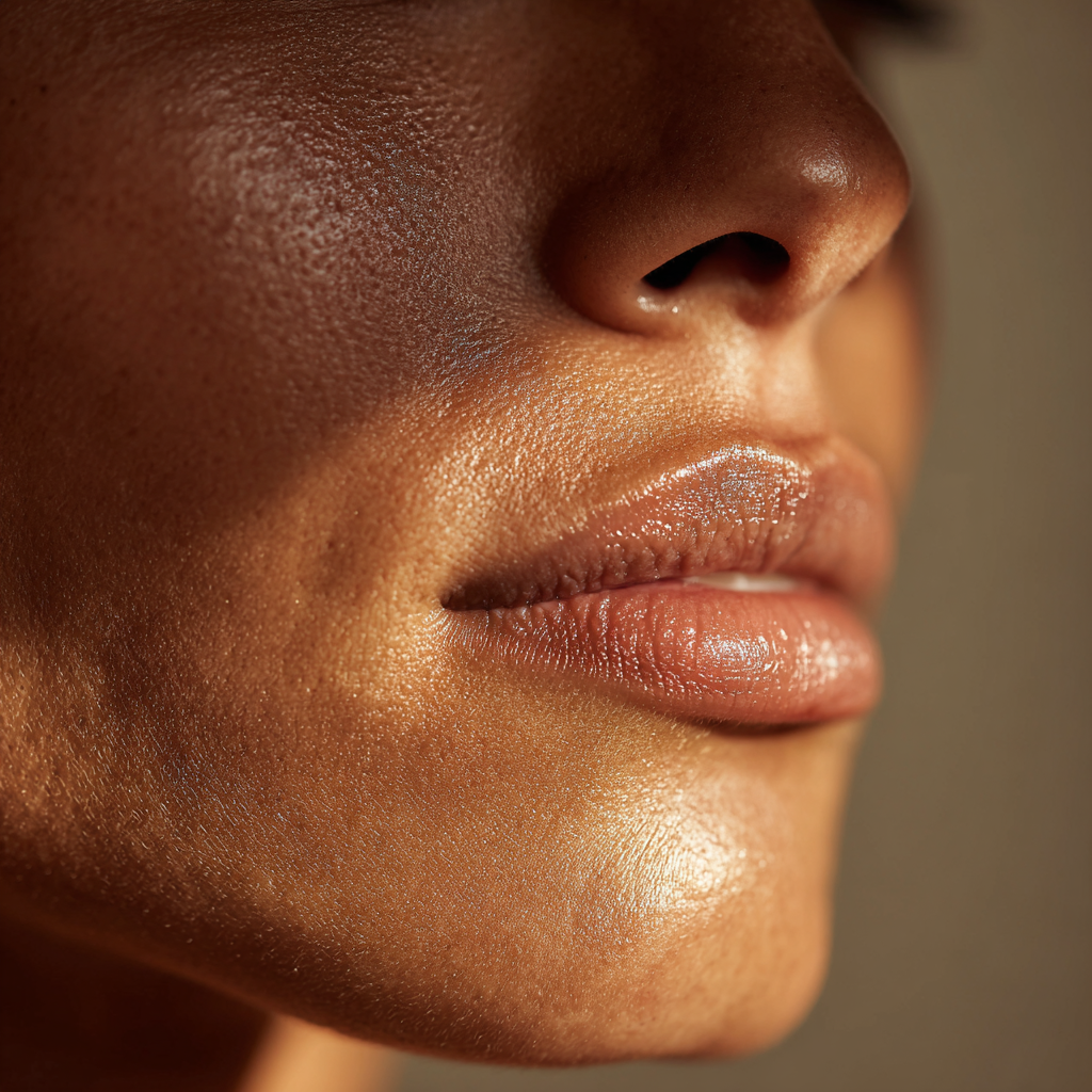 Close-up of a woman's lips and nose with glowing, smooth skin.
