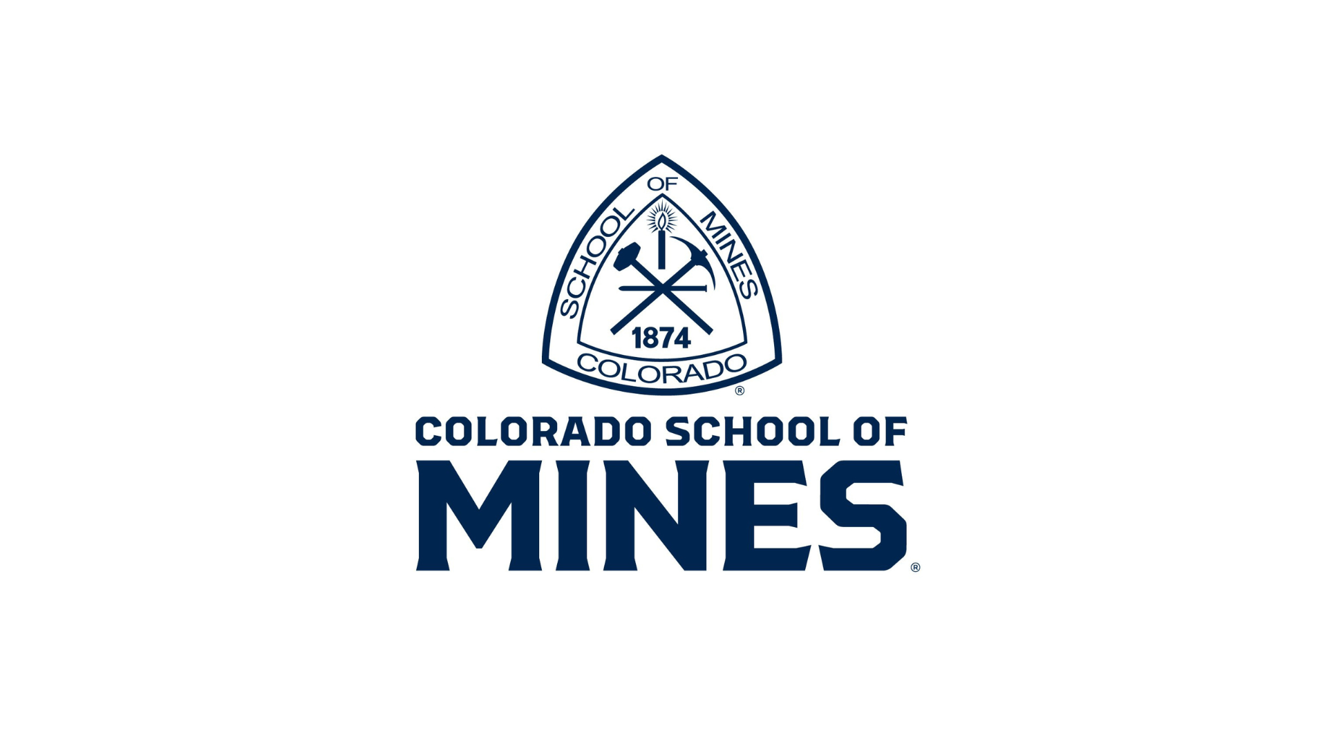 The logo of Colorado School of Mines featuring a shield with mining tools and the founding year 1874, and the text 'Colorado School of Mines' and 'Mines' in bold letters.