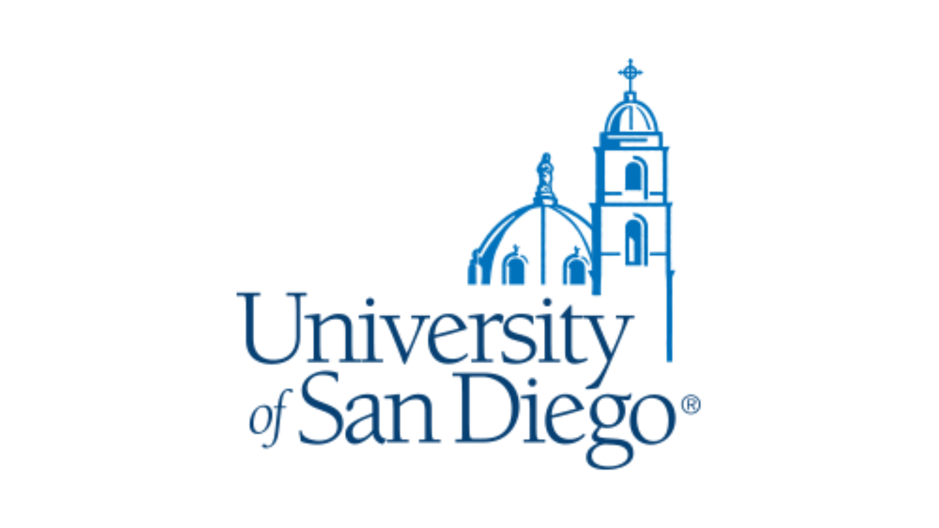 Logo of the University of San Diego showing a blue outline of a church with a dome and a bell tower, accompanied by the text 'University of San Diego' in blue. A2A Academy, College Recruiting, Admissions Support, College Acceptances, Student-Athlete