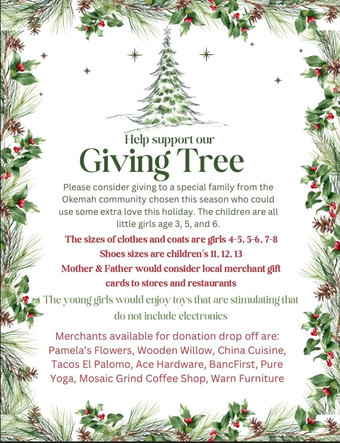 Holiday-themed flyer with green pine branch border and red berries, promoting a Giving Tree donation drive for children in the Okemah community, listing suitable gifts and participating merchants.