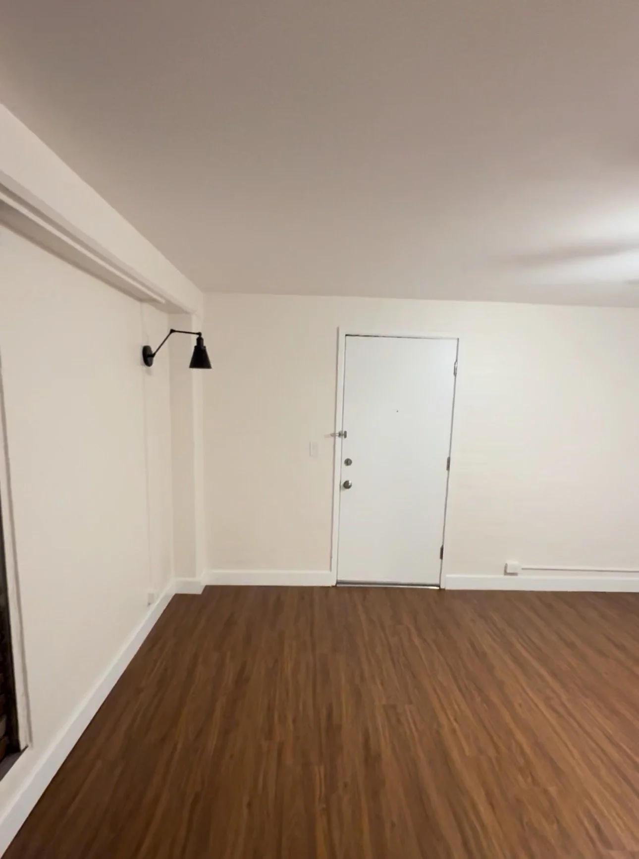 Empty room with white walls, a wooden floor, a white door, and a black wall-mounted light fixture.