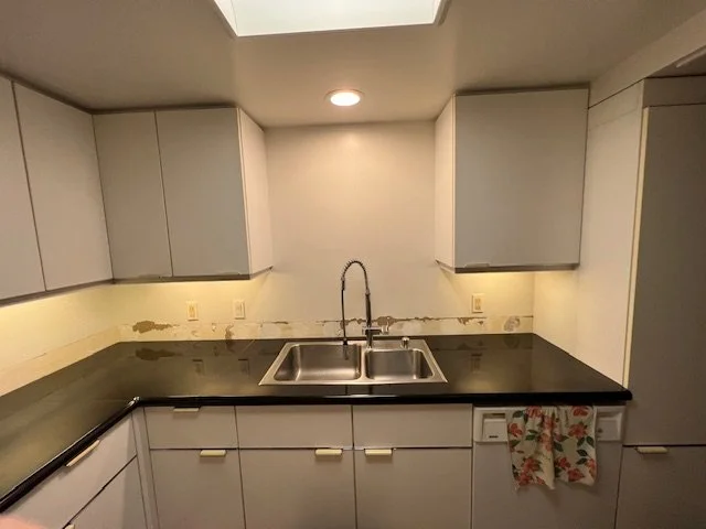 Kitchen with white cabinets, black countertop, double sink, and a floral dish towel hanging below the counter.
