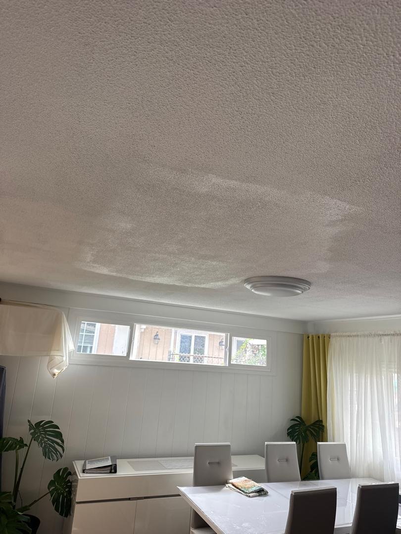 After ceiling drywall repair with the hole fully patched, texture blended, and the ceiling restored to a smooth, clean, finished appearance that matches the surrounding area.