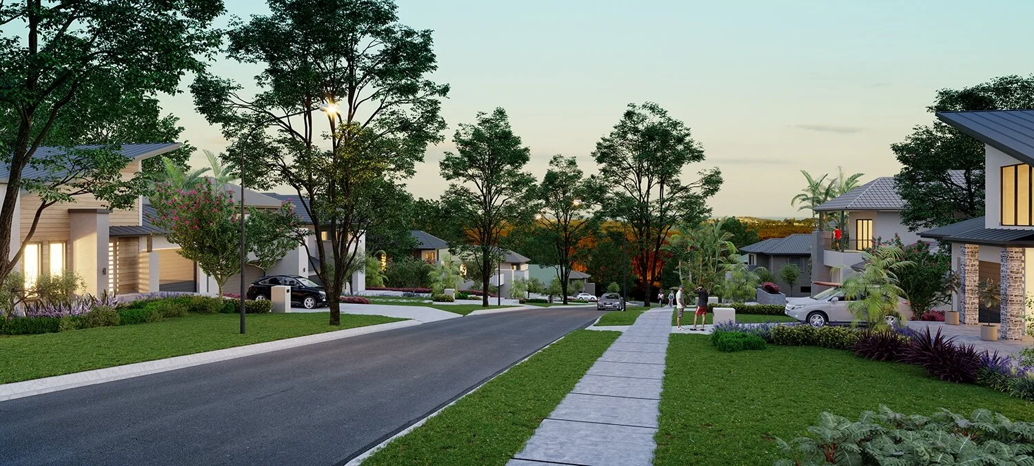 Residential neighborhood with modern houses, trees, sidewalks, parked cars, and people walking during sunset.