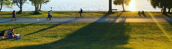 People enjoying outdoor activities at a park near a lake during sunset, with trees and long shadows on the grass.