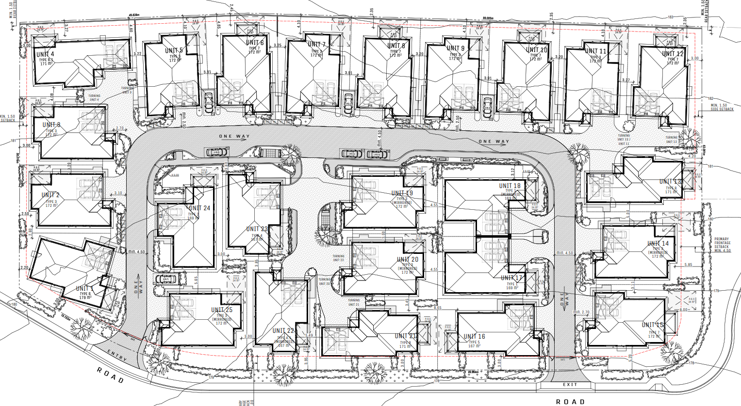 Detailed site plan of a residential apartment complex showing multiple buildings, parking spaces, roads, and landscaping features.