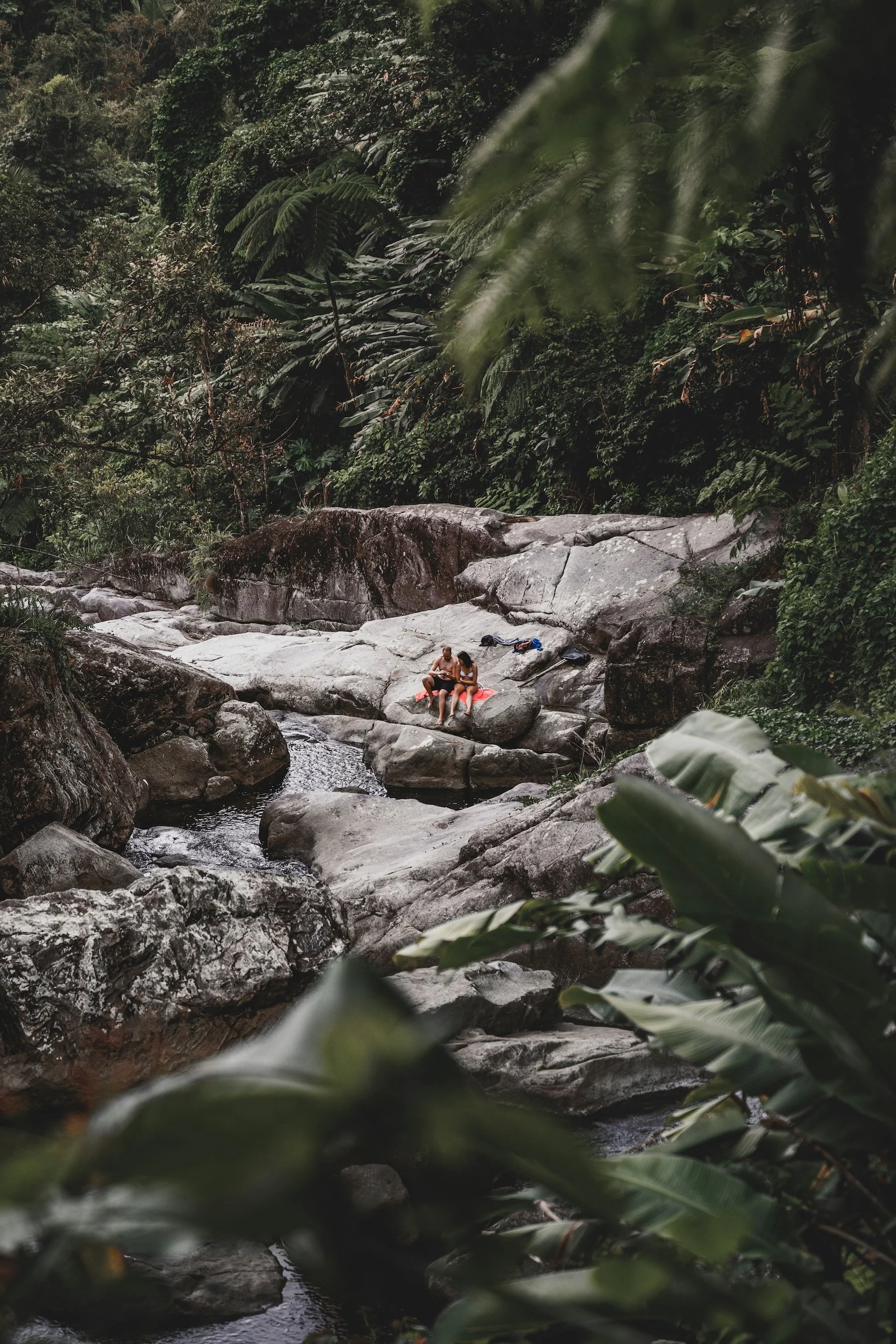 Two people sitting on large rocks by a small waterfall in a lush, green jungle.