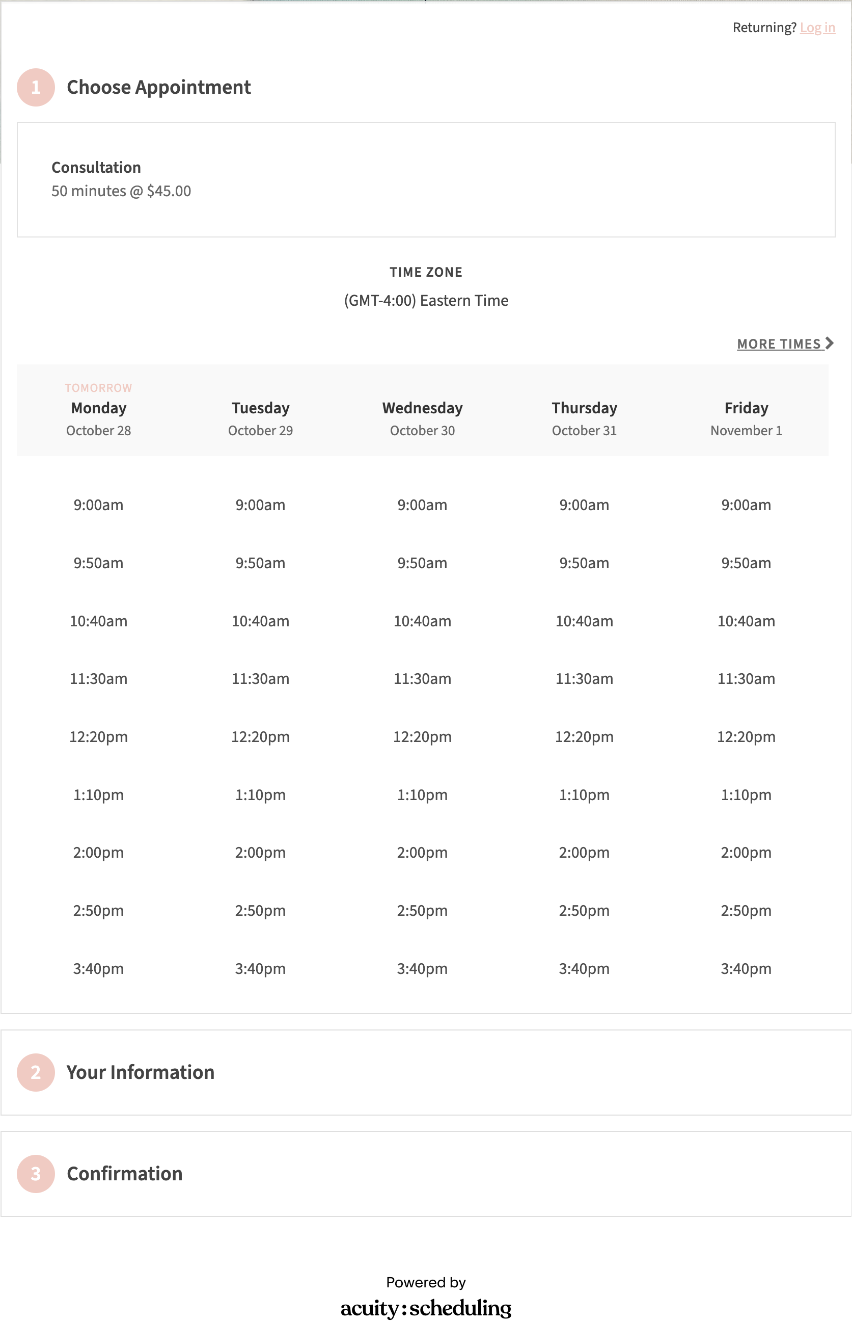 Online appointment scheduling page showing available times for a consultation on October 28-November 1, 9:00am to 3:40pm, powered by acuity scheduling.