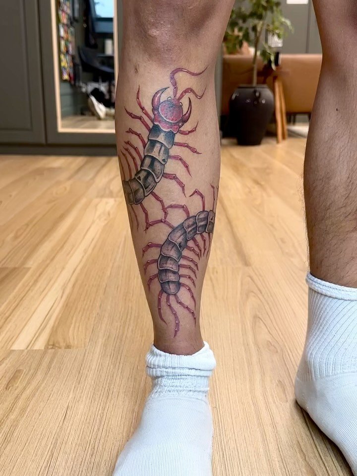 This was Jevyns first tattoo, completed in 2 days - a month apart 💪🏼💪🏼 thank you for the fun idea and even more for your trust 🤘🏼 
&bull;
&bull;
&bull;
&bull;
&bull;
#firsttattoo #centipedetattoo #freehandtattoo #comedytradegy #lilpeep
