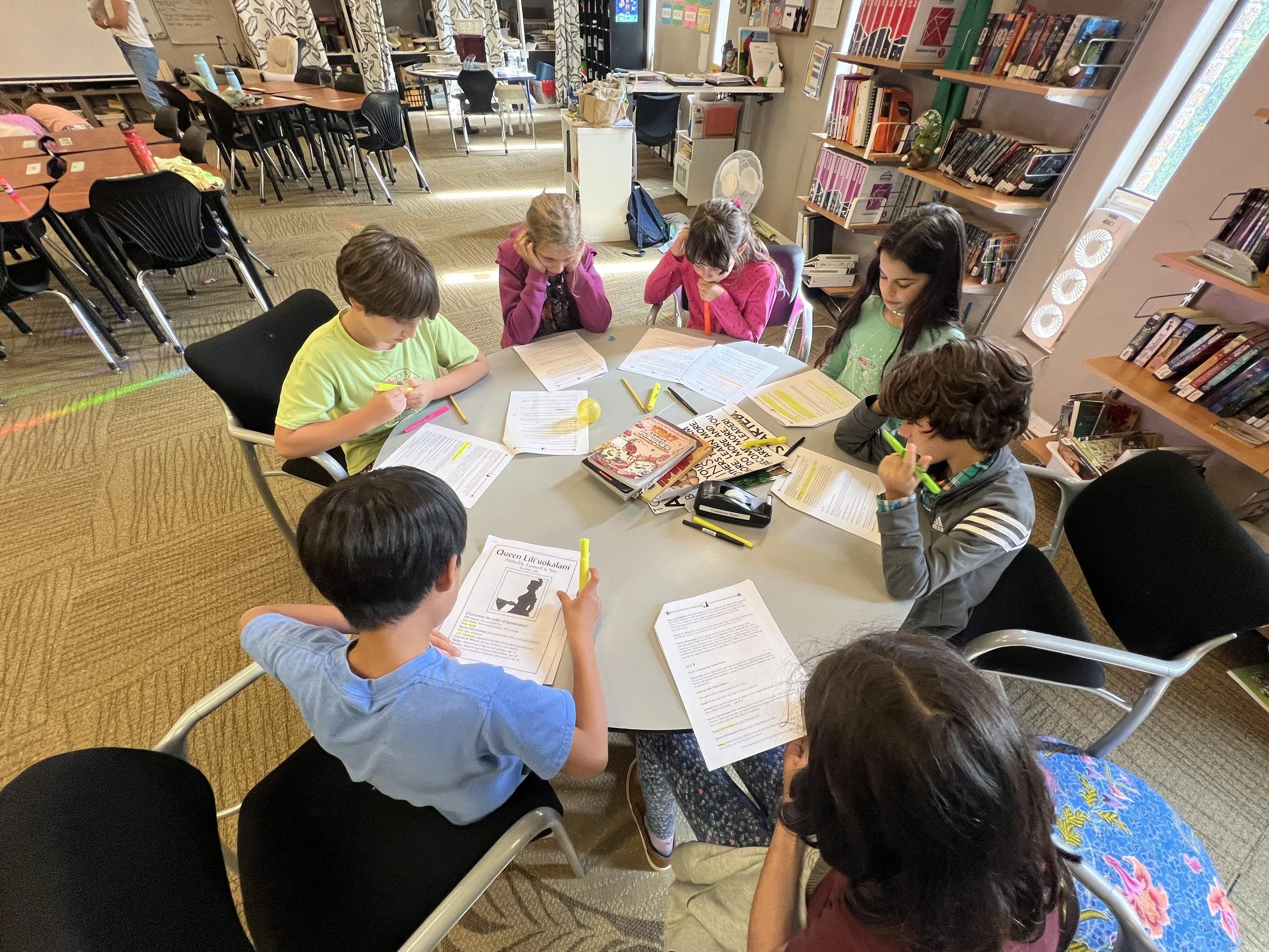 working in a group around a desk