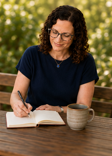 Woman with curly hair and glasses writing in a notebook at an outdoor wooden table with a coffee mug.
