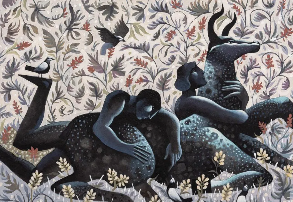 A surreal mural featuring three human figures and various animals, including a bird, a fish with a bird on its tail, and a crocodile with a human face, surrounded by stylized leaves and plants.