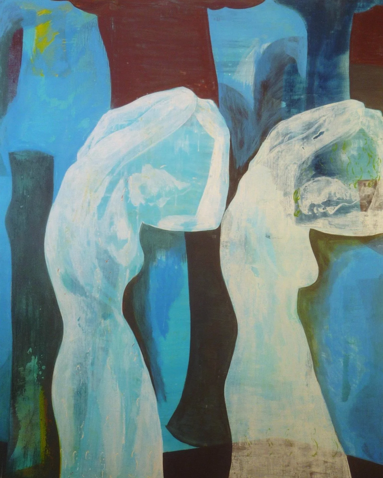 Abstract painting with flowing shapes in shades of blue, white, green, and black.