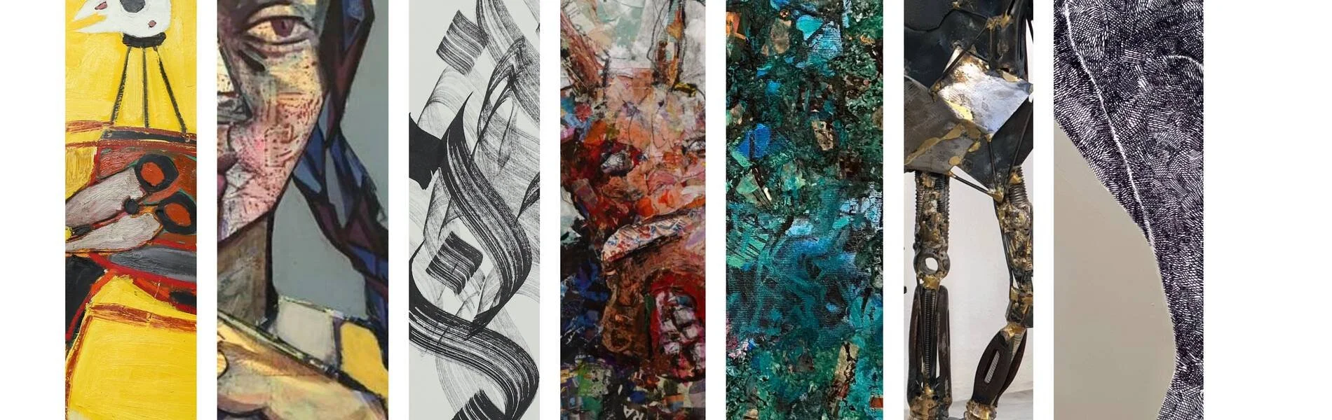 A collage of six abstract and modern art pieces featuring vibrant colors, mixed media, and diverse textures.
