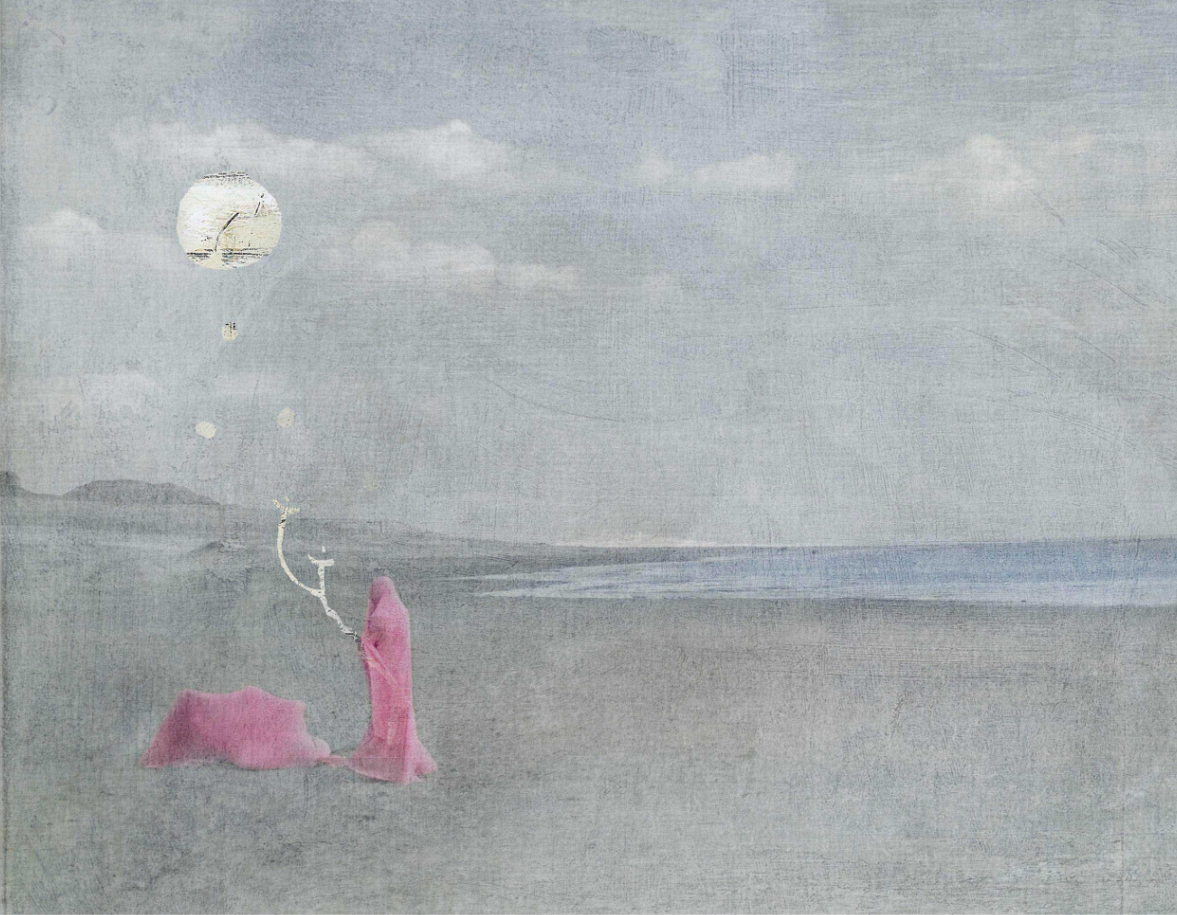 A person in a pink dress sitting on a empty beach, looking at the sky with a balloon floating above, against a background of a gray sky with clouds in a minimalist art style.